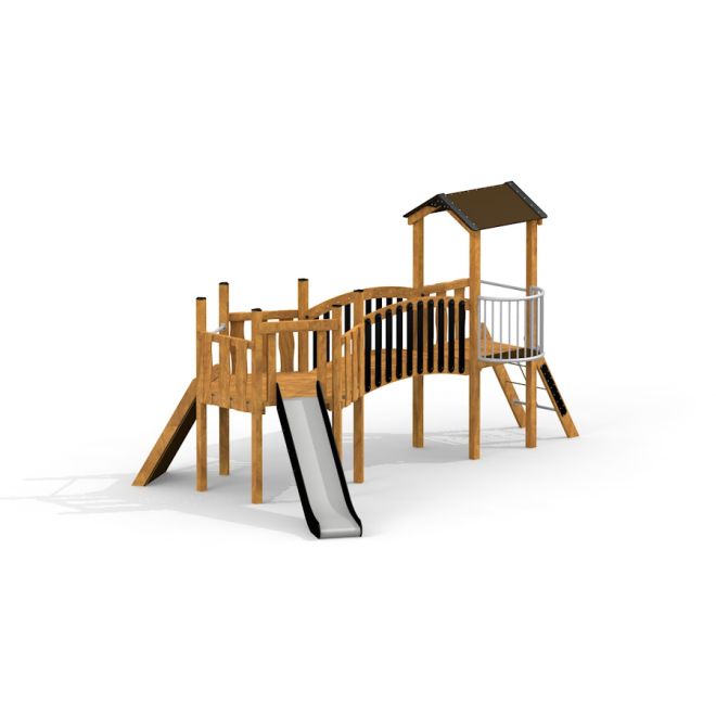 Cấu trúc sân chơi bằng gỗ với cầu trượt đơn Hexagon Modern Nature single slide.