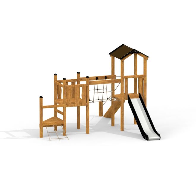 Triangle Modern Nature wooden playhouse with slide bằng gỗ tự nhiên cho khu vui chơi trẻ em ngoài tr
