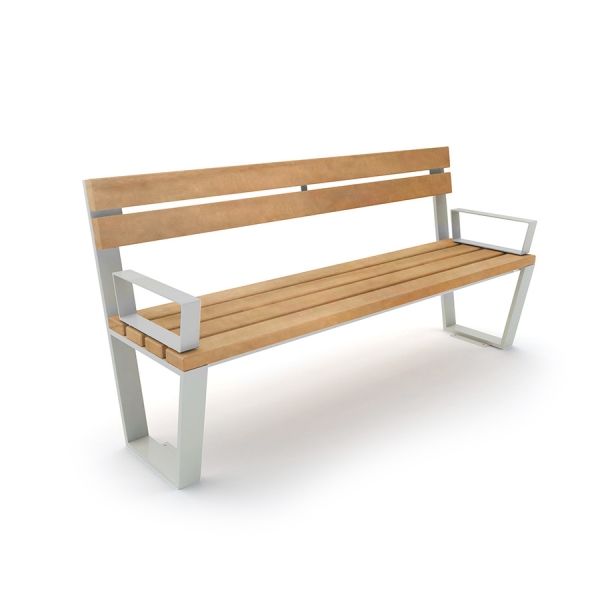 Ghế băng Ryga Bench với khung kim loại và mặt ghế gỗ hiện đại, phù hợp cho khu vui chơi ngoài trời.