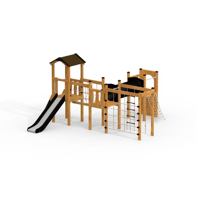 Cấu trúc leo trèo và cầu trượt bằng gỗ Romping Cottage cho khu vui chơi trẻ em.