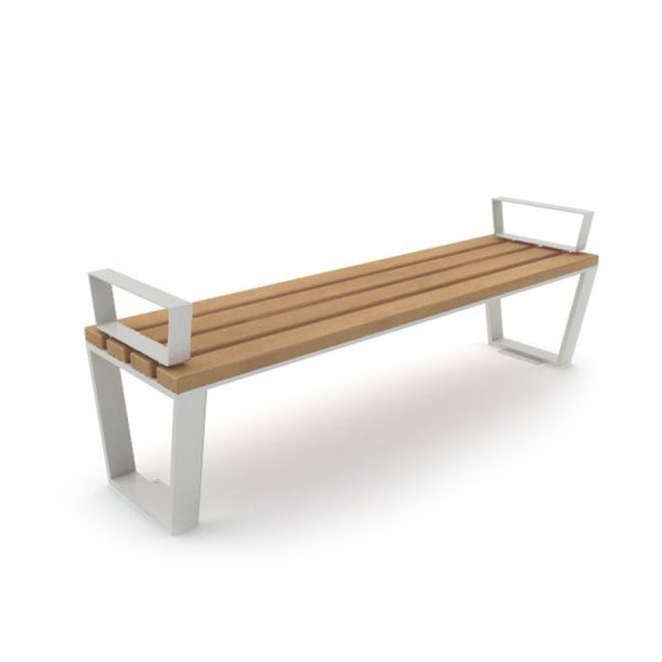 Ghế Ryga Bench w/ Armrests với khung kim loại màu trắng và mặt ghế gỗ tự nhiên.
