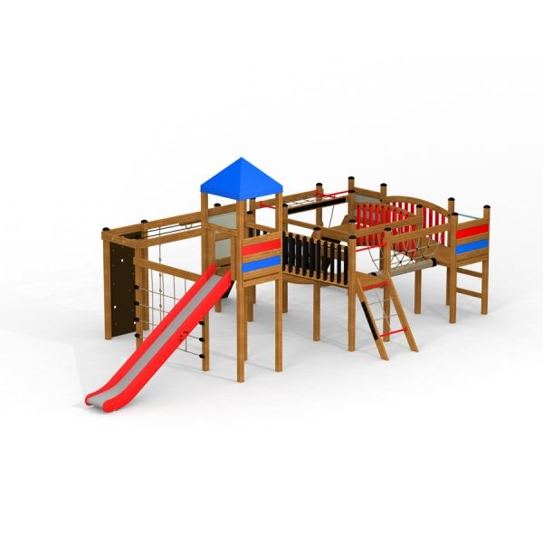 Searobber Castle II castle with slide bằng gỗ có cầu trượt màu đỏ và mái xanh.