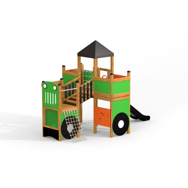 Big Tractor playhouse with slide bằng gỗ và nhựa màu xanh lá cây dành cho khu vui chơi trẻ em.