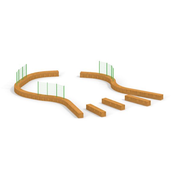 Multiarena Wooden với các khối gỗ cong và thanh chắn xanh cho sân chơi ngoài trời.