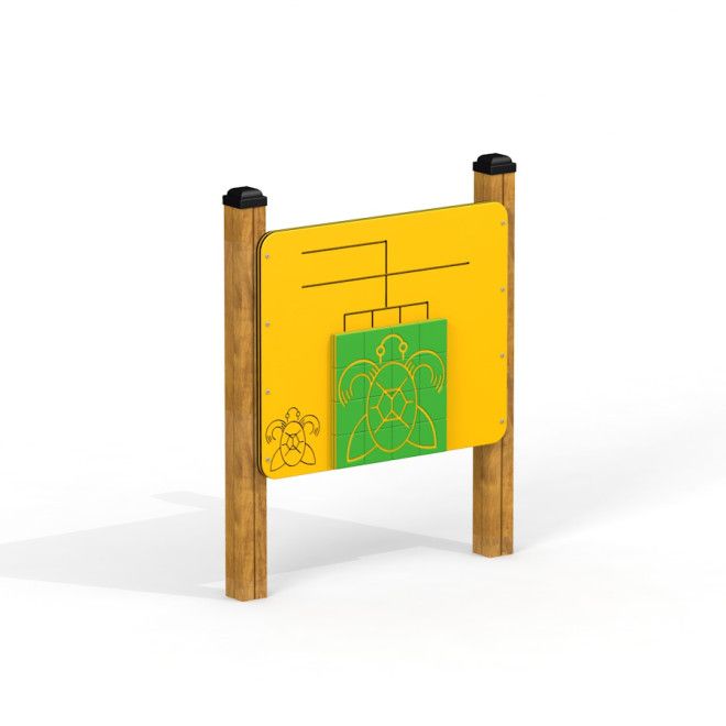 Bảng Puzzle Board màu vàng với hình rùa xanh cho khu vui chơi trẻ em.