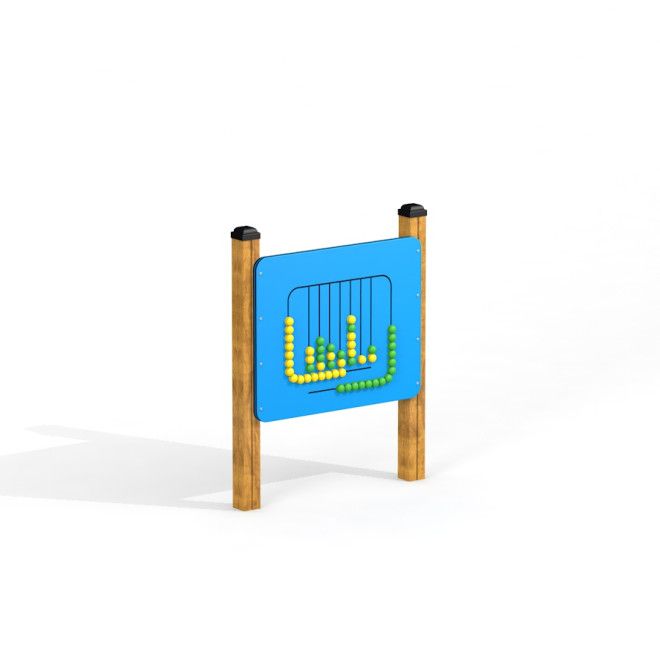 Bảng chơi Bingo Board với các hạt màu vàng và xanh trên khung gỗ cho khu vui chơi trẻ em.