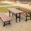 Bordeaux Bench w/ Armrests và bàn ghế công viên bằng gỗ với khung kim loại màu đen.