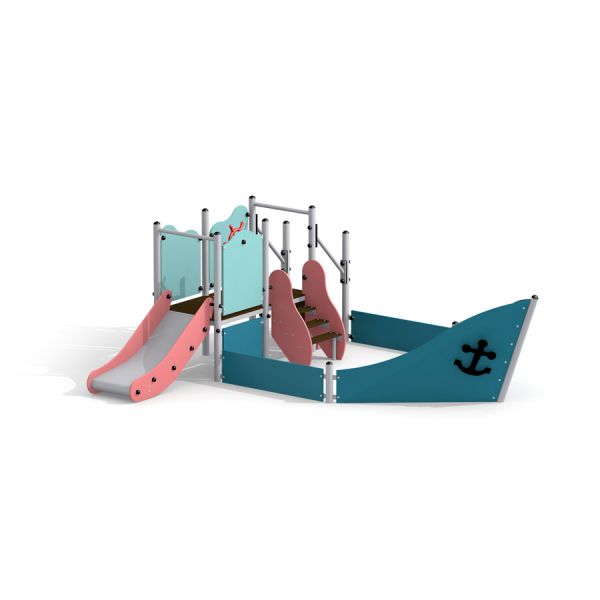 Khu vui chơi trẻ em Wonderland Small Ship Sandbox hình tàu nhỏ có cầu trượt và bậc thang an toàn.