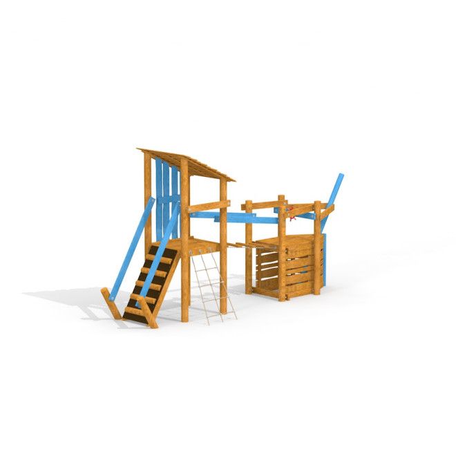 Sân chơi Sven's Boat single playhouse bằng gỗ với cầu thang và lưới leo núi màu xanh.