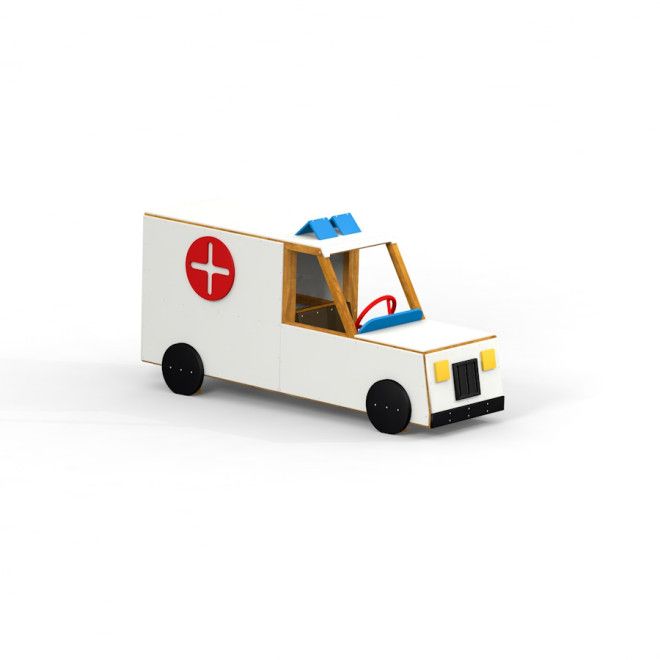 Xe chơi trẻ em mô hình Ambulance màu trắng với biểu tượng y tế đỏ và vô lăng màu đỏ.