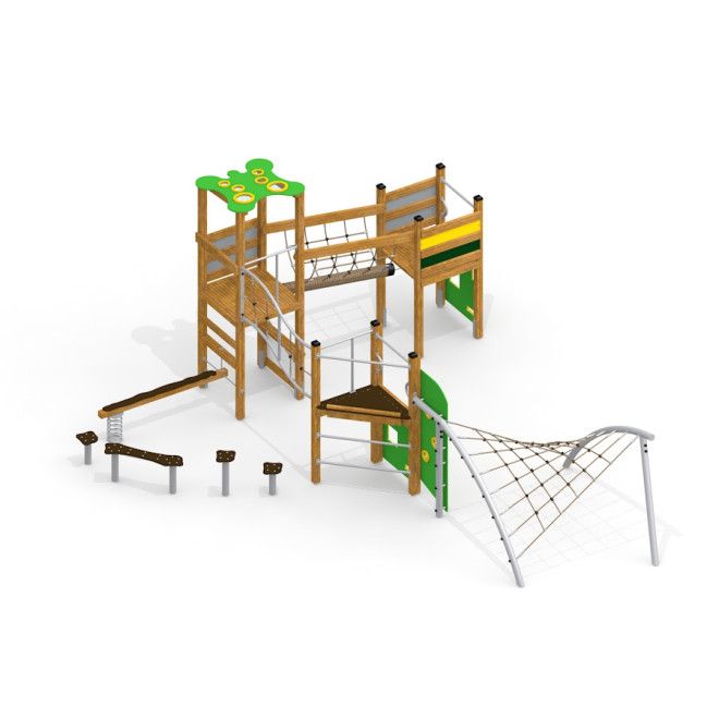 Vilcabamba wooden playhouse với cấu trúc gỗ đa năng và lưới leo trèo cho sân chơi trẻ em.