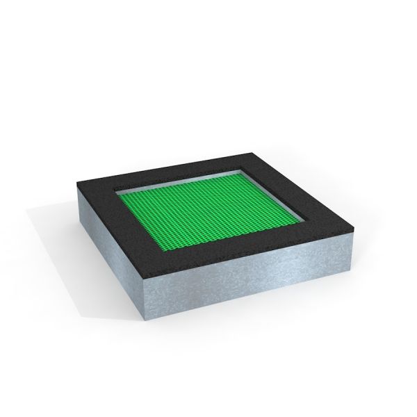 Square trampoline (125 cm) với khung kim loại và lưới nhảy màu xanh lá cây.