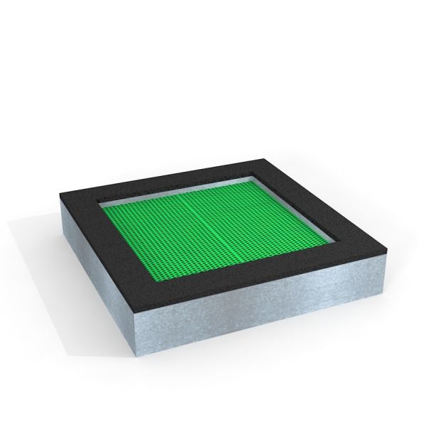 Square trampoline (150 cm) với khung kim loại và lưới nhún màu xanh lá cây.
