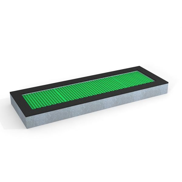 Rectangular trampoline với lưới nhảy màu xanh lá cây và khung kim loại chắc chắn.