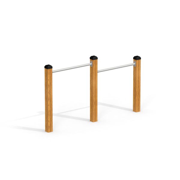 Thiết bị tập thể dục ngoài trời Somersault Double với hai thanh ngang bằng kim loại và cột gỗ.