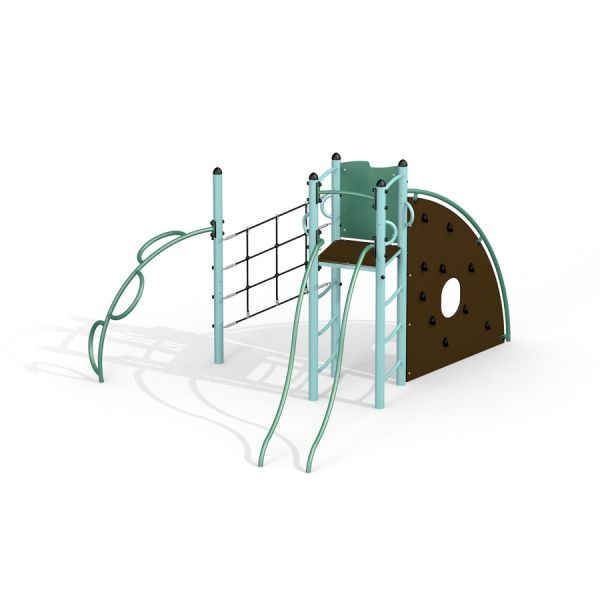 Polluks, steel structure với cầu trượt, tường leo núi và lưới leo cho khu vui chơi trẻ em.