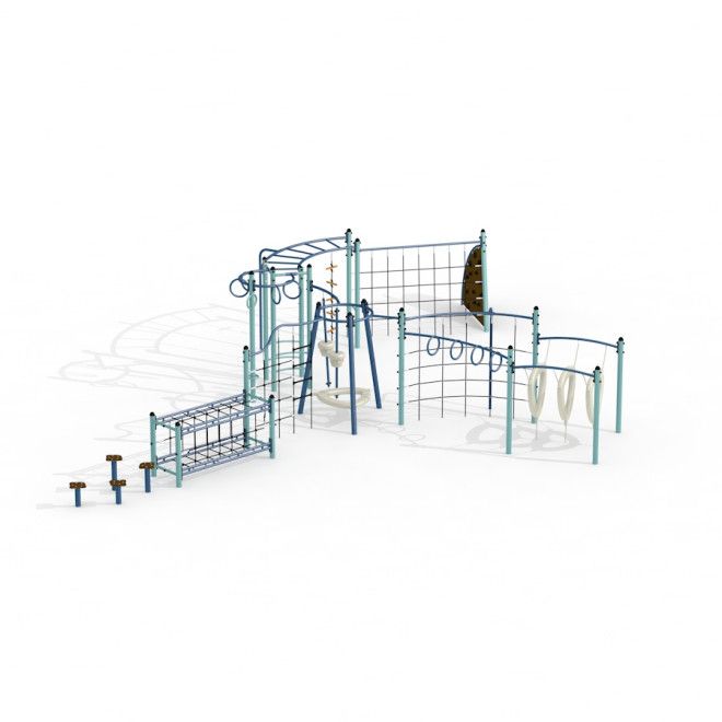 Cấu trúc leo núi ngoài trời với lưới leo Polaris climbing net và các phần tập thể dục đa dạng.