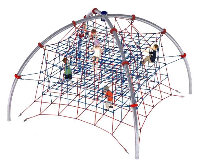 Breva climbing net với cấu trúc lưới leo dây màu đỏ và xanh, khung kim loại hình vòm chắc chắn.