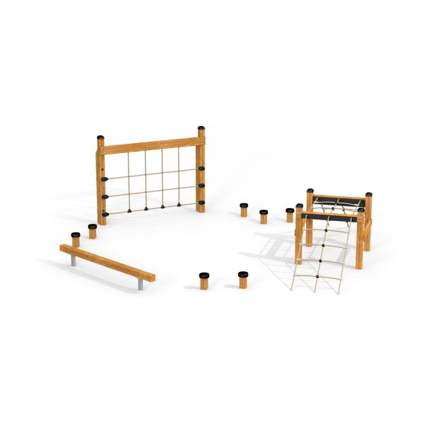 Obstacle course bằng gỗ với các bộ phận leo trèo và bước nhảy cho khu vui chơi trẻ em.