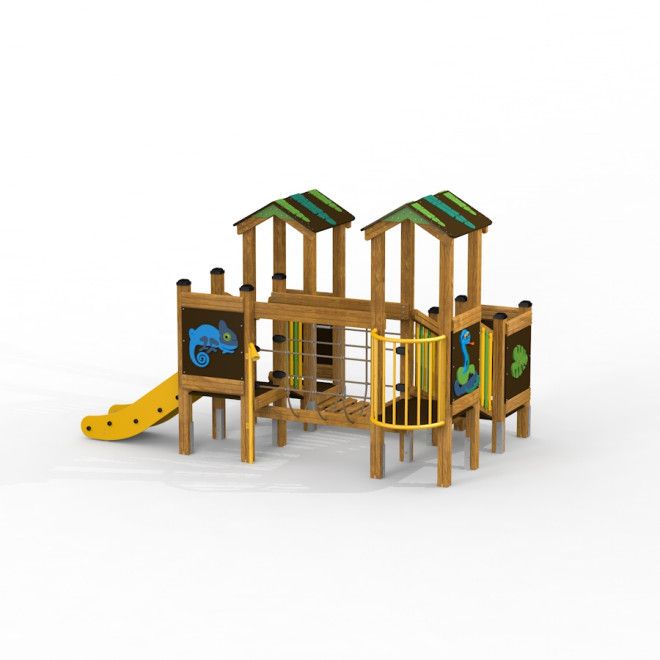 Jungle Treehouse playhouse with slide bằng gỗ có cầu trượt màu vàng và các hình động vật trang trí.
