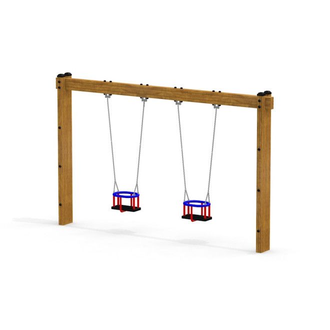 Xích đu đôi bằng gỗ Wooden Baby double swing với khung chắc chắn và ghế an toàn màu xanh đỏ.