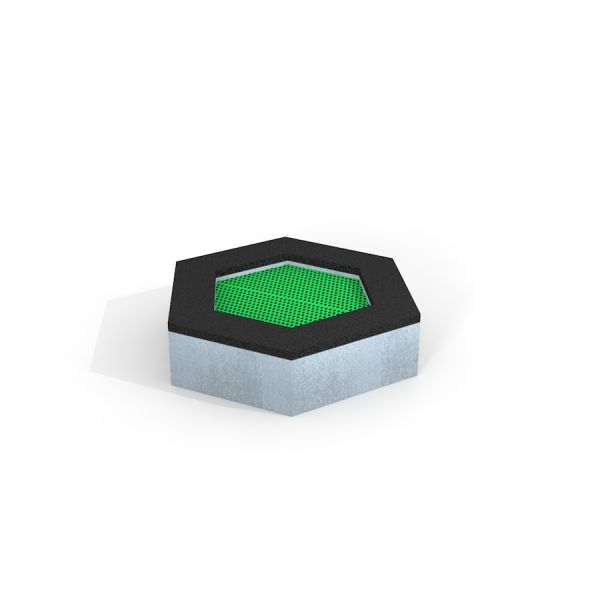 Honeycomb Trampoline hình lục giác với mặt lưới xanh và khung đen cho sân chơi trẻ em.