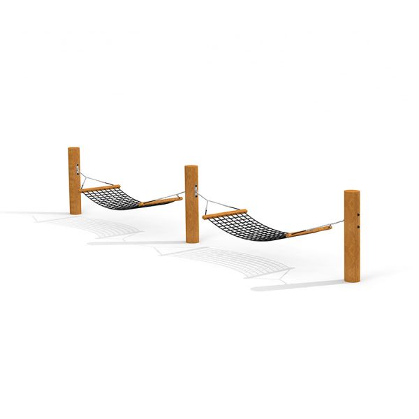 Double Hammock với khung gỗ và lưới đan chắc chắn cho khu vui chơi ngoài trời.