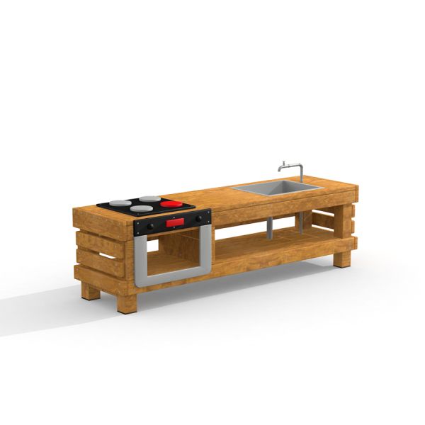 Kitchen Table bằng gỗ với bếp và bồn rửa cho khu vui chơi trẻ em.