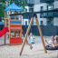 Bird Nest Swing with Tower (BNS 120 cm) single slide với cầu trượt đỏ và xích đu tổ chim bằng gỗ.