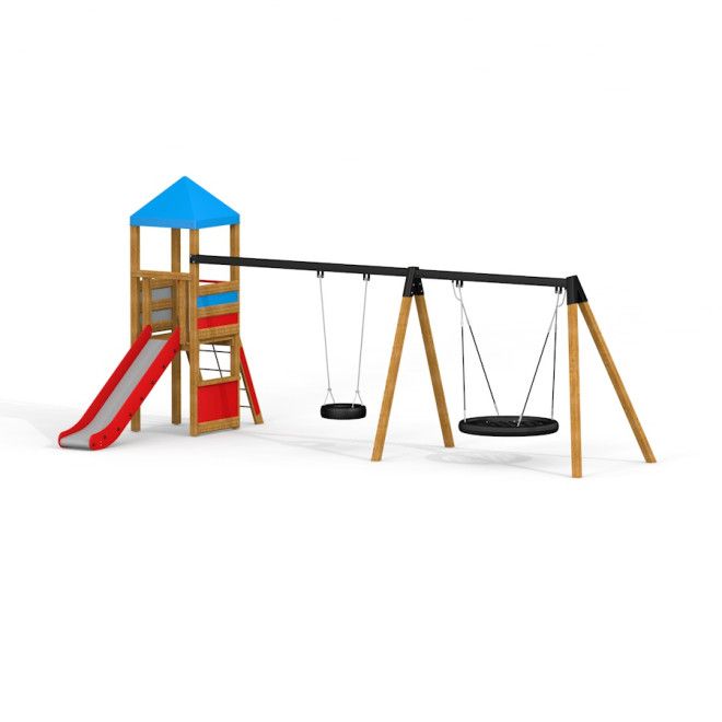 Bird Nest Swing with Tower (BNS 120 cm) single slide, cầu trượt đỏ và xích đu tổ chim bằng gỗ.