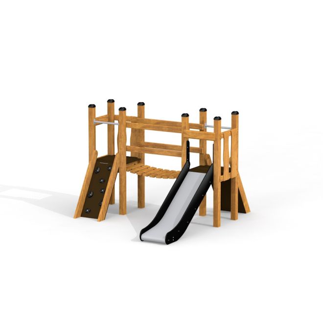 Mini Play Modern Nature là bộ đồ chơi sân chơi bằng gỗ với cầu trượt và tường leo núi nhỏ.