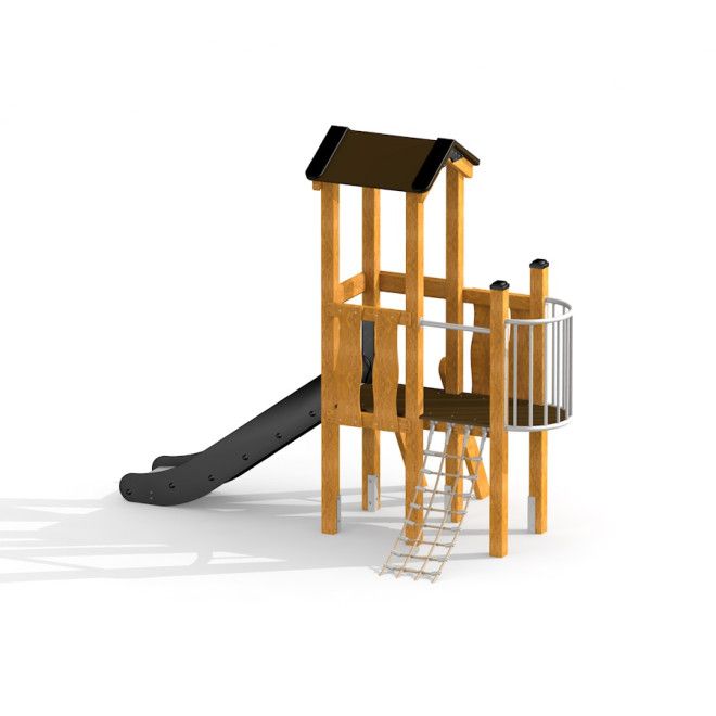 Pixie Modern Nature wooden playhouse with slide bằng gỗ tự nhiên có cầu trượt và lưới leo.