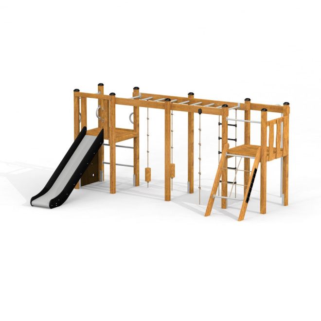 Zebra Modern Nature single slide, khu vui chơi trẻ em bằng gỗ với cầu trượt và các thanh leo trèo.