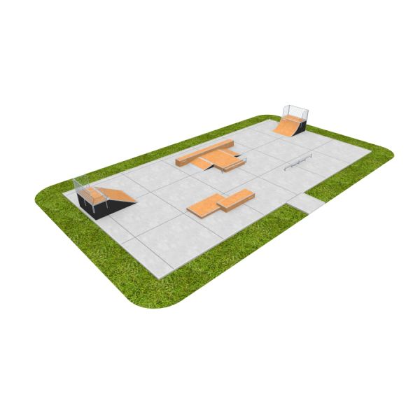 Skate Park 06 với các chướng ngại vật trượt ván bằng gỗ trên nền bê tông.