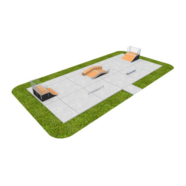 Khu trượt ván Skate Park 08 với các cầu trượt và thanh trượt bằng kim loại trên nền bê tông.