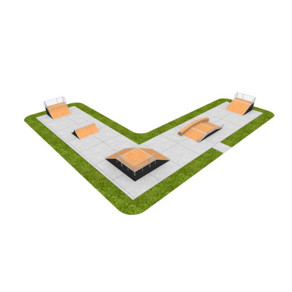Khu trượt ván Skate Park 11 với các mô-đun trượt và cầu trượt bằng gỗ trên nền bê tông.