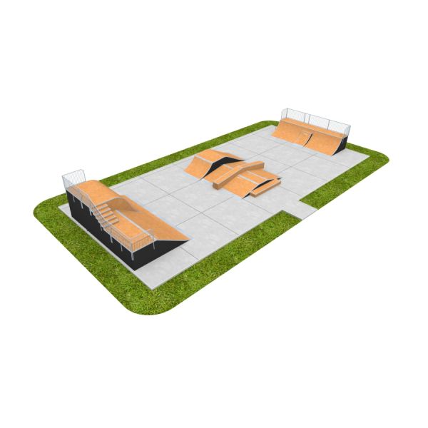 Khu trượt ván Skate Park 12 với các dốc và cầu trượt bằng gỗ trên nền bê tông.
