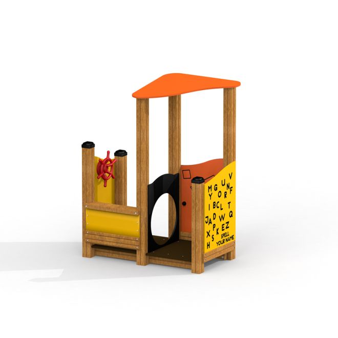 Nhà chơi trẻ em The Little Captain Playhouse bằng gỗ với mái che màu cam và bánh lái đỏ.