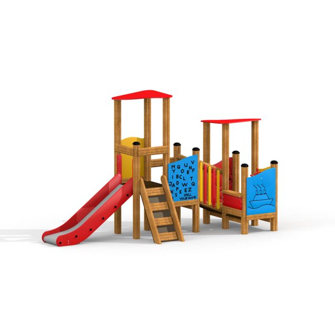 Towers with Slide & Educational Boards thiết bị vui chơi trẻ em bằng gỗ với cầu trượt đỏ và bảng học
