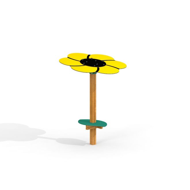 Play Table with Sun Shade (Flower) với mái che hình bông hoa màu vàng trên cột gỗ.