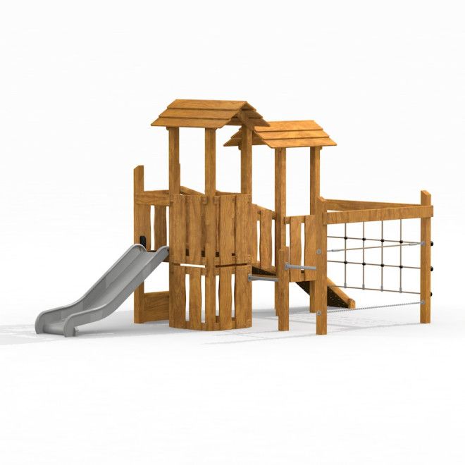 Tower playhouse with slide Uvala bằng gỗ có cầu trượt và lưới leo dành cho trẻ em.