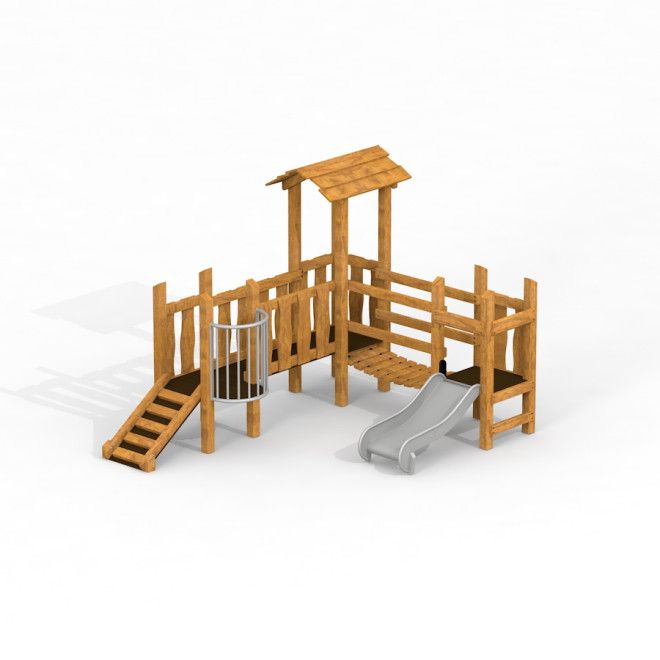 Fortress playhouse with slide Uvala bằng gỗ với cầu thang, lan can và cầu trượt màu xám.