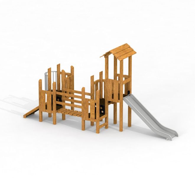 Cấu trúc chơi bằng gỗ Tower with slide Uvala với cầu trượt kim loại cho sân chơi trẻ em.