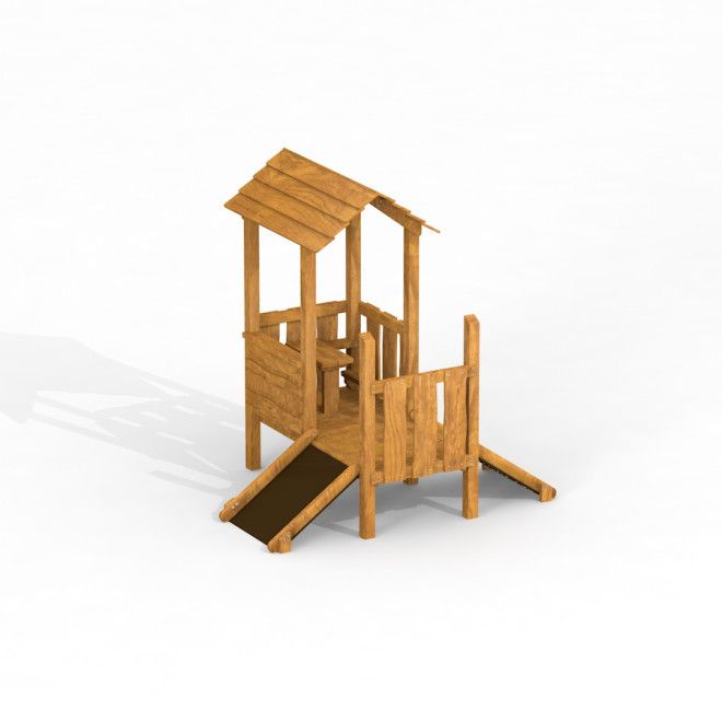 Nhà chơi bằng gỗ Playhouse Uvala với mái che và cầu trượt nhỏ cho trẻ em.