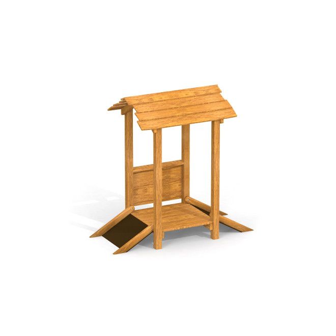 Sand pavilion single playhouse Uvala bằng gỗ với mái che và hai lối vào nhỏ cho trẻ em chơi cát.