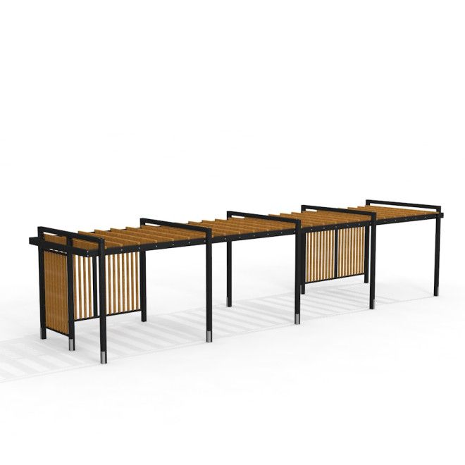 Pergola IV khung kim loại màu đen với các thanh gỗ ngang và đứng tạo không gian che chắn ngoài trời.