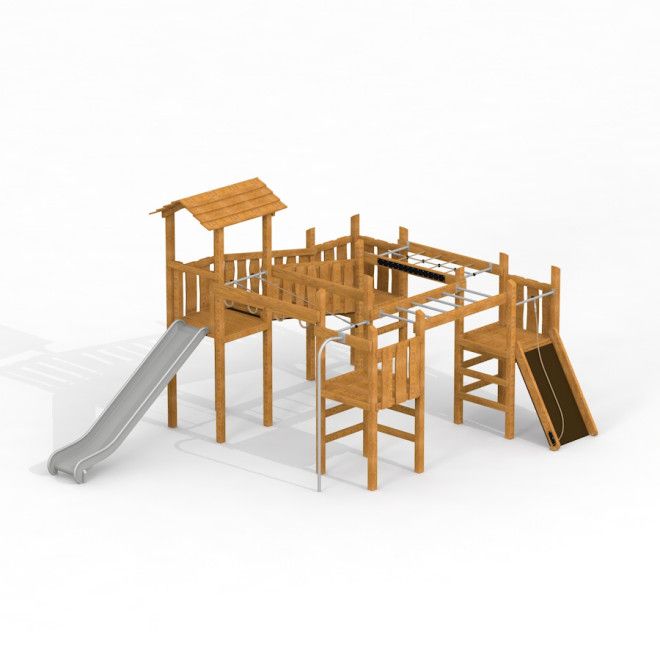Challenger single slide Uvala, khu vui chơi trẻ em bằng gỗ với cầu trượt và các thanh leo đa dạng.