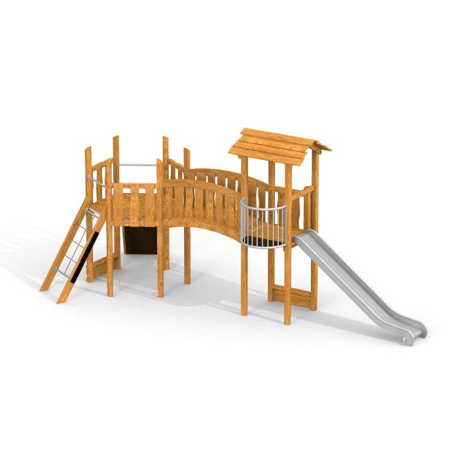 Cầu trượt đơn Hexagon II single slide Uvala bằng gỗ với cầu thang và lan can an toàn.
