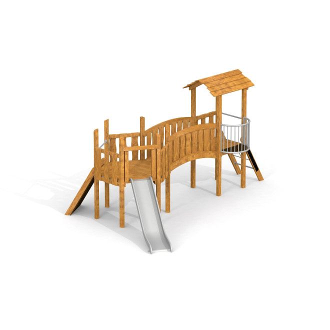 Hexagon single slide Uvala là thiết bị sân chơi bằng gỗ với cầu trượt và mái che nhỏ.