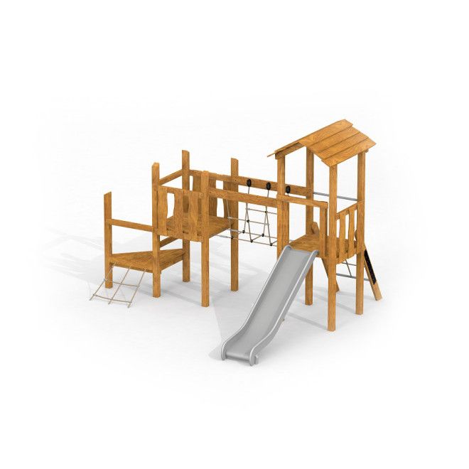 Triangle wooden playhouse with slide Uvala bằng gỗ tự nhiên cho khu vui chơi trẻ em.
